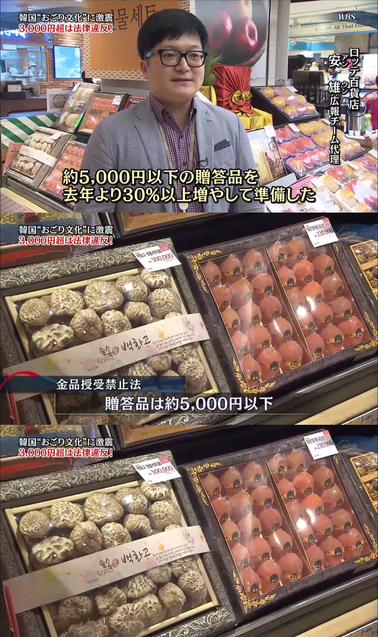 法律で接待額制限！？韓国激震　WBS 8月29日放送　ロッテ百貨店贈答品売場に天白冬菇が並んでました。